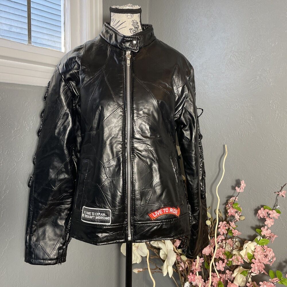 Women's Motorcycle Jacket Diamond Plate Buffalo Leather Heavy Duty Size L